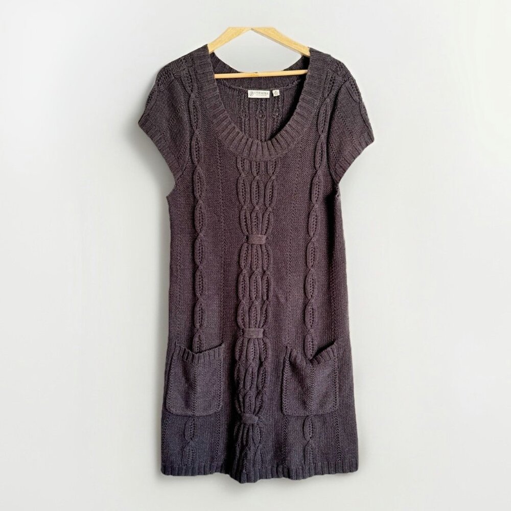 Verona Gray Y2K Cable Knit Sweater Dress Medium (VTG XL) Short Sleeve Pockets